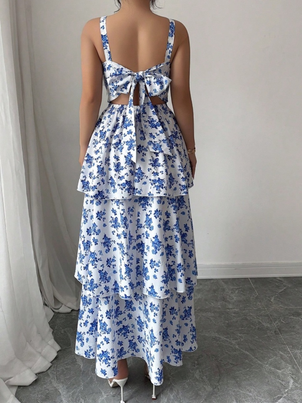 Boho Floral Print Layered Ruffle Hem Cut out Maxi Dress - Picture 4 of 4